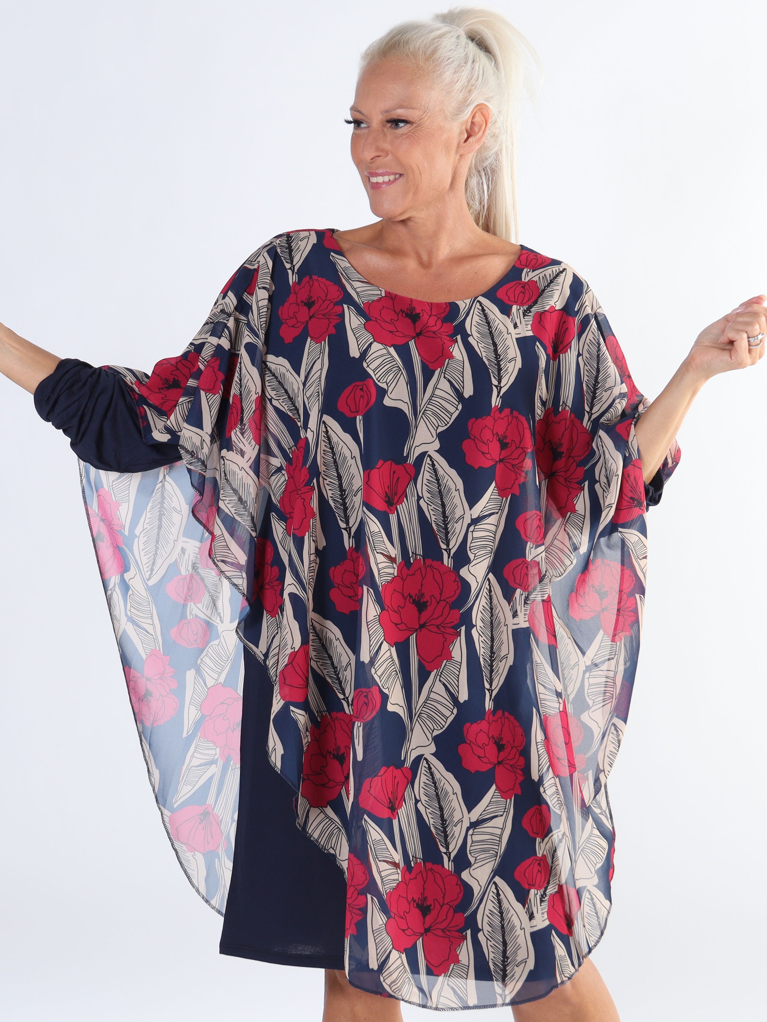 Kenya Feather Long Sleeve - Plus size tunikaklänning med chiffonglager